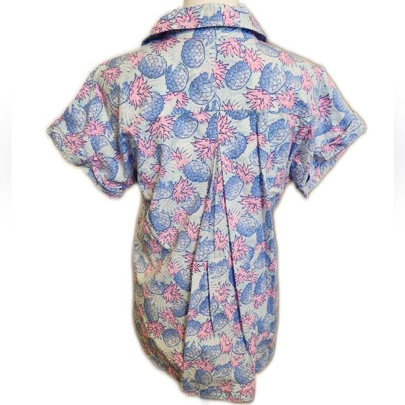 Vineyard Vines Pineapple Printed Blouse, Button Front Rolled Sleeves, 6 - Picture 5 of 11